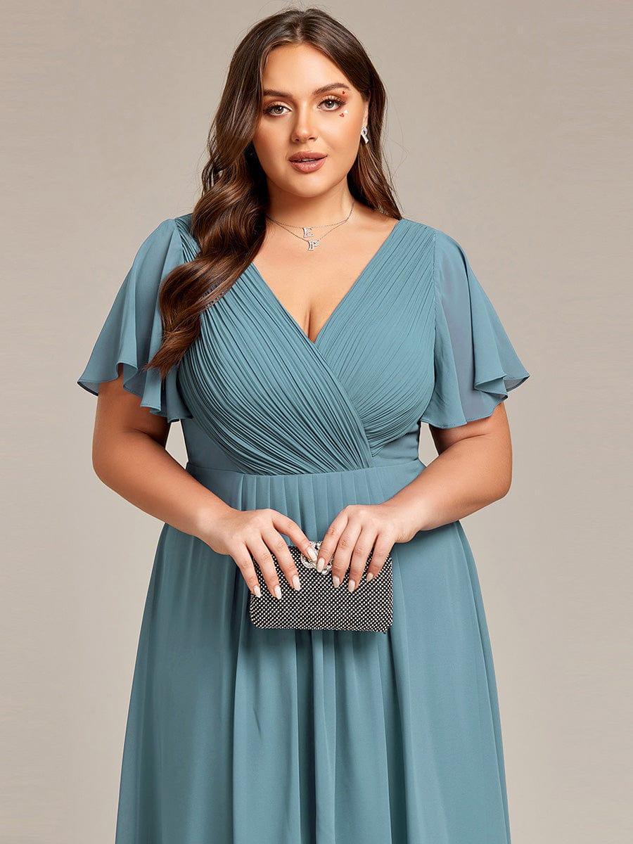 Plus Size Double V-Neck Ruffles Sleeve Chiffon Midi Wedding Guest Dress #color_Light Teal