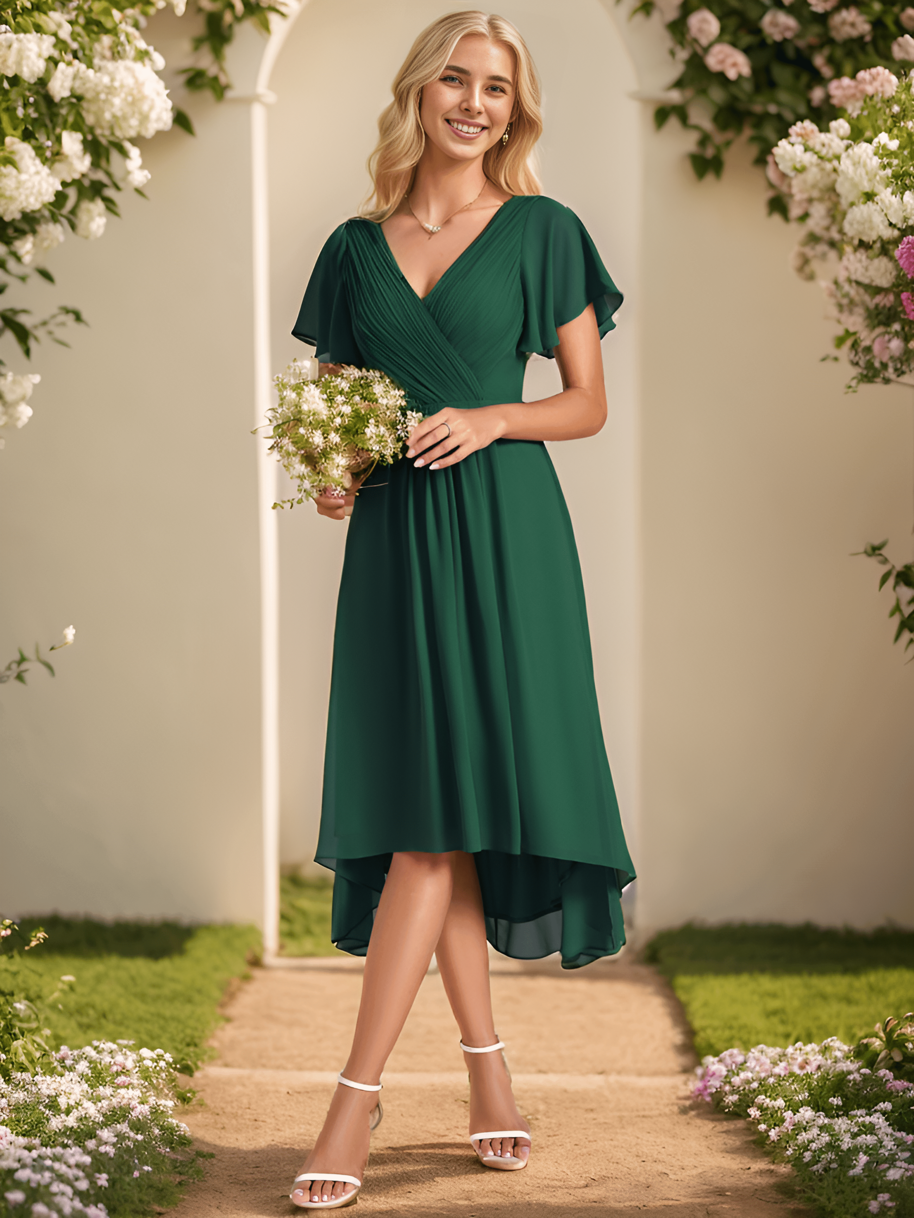Custom Size Chic V Neck Asymmetrical Hem Ruffles Sleeve Pleated Chiffon Wedding Guest Dress #color_Dark Green