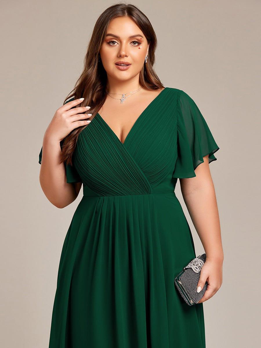 Plus Size Double V-Neck Ruffles Sleeve Chiffon Midi Wedding Guest Dress #color_Dark Green