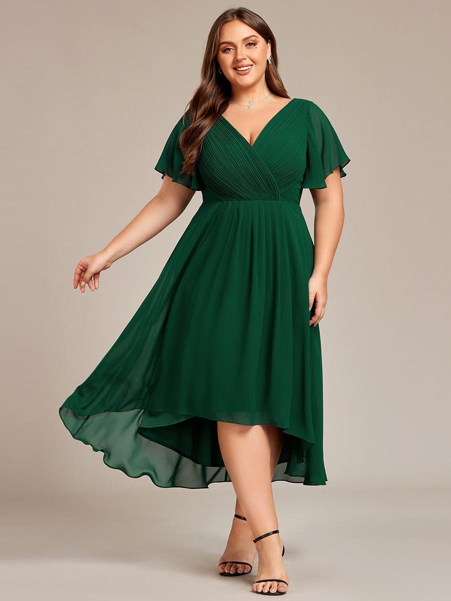 Plus Size Double V-Neck Ruffles Sleeve Chiffon Midi Wedding Guest Dress #color_Dark Green