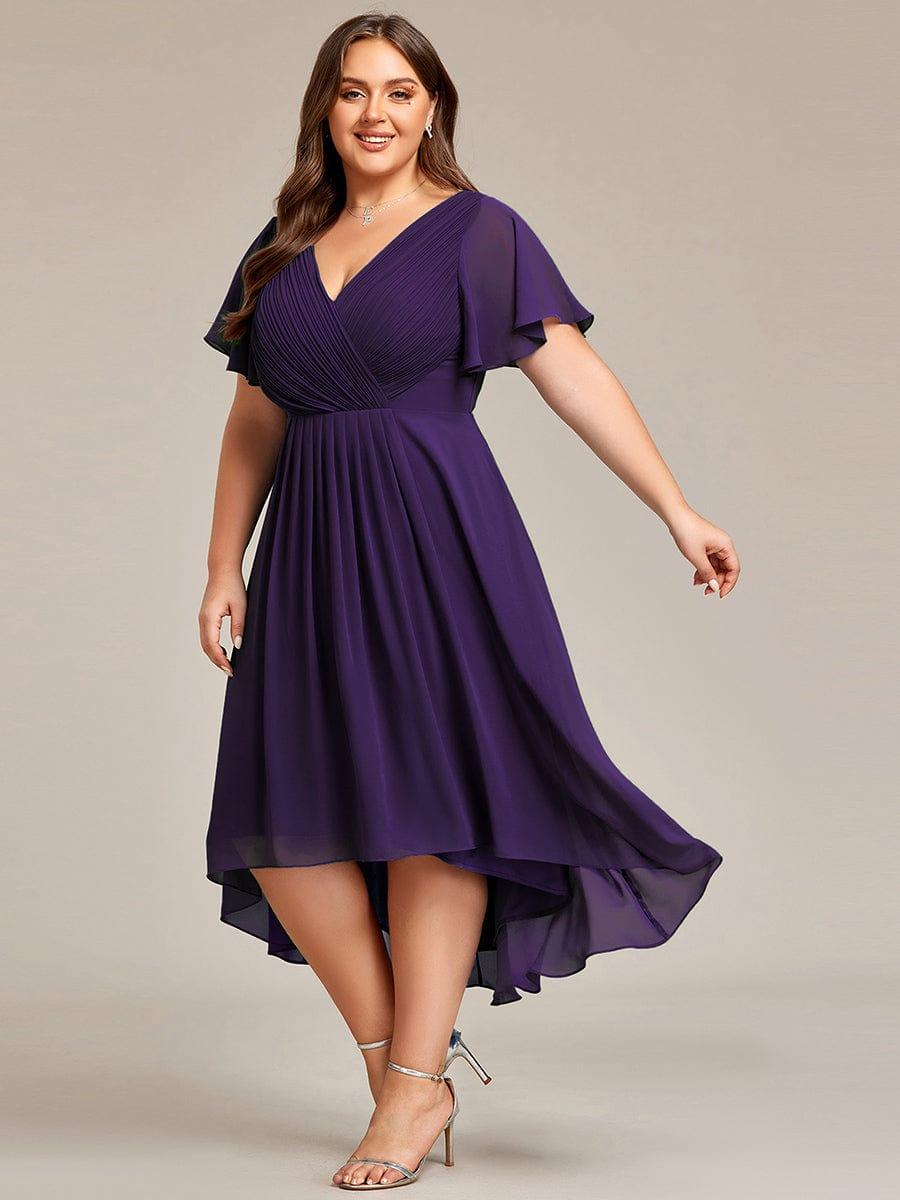 Plus Size Double V-Neck Ruffles Sleeve Chiffon Midi Wedding Guest Dress #color_Dark Purple