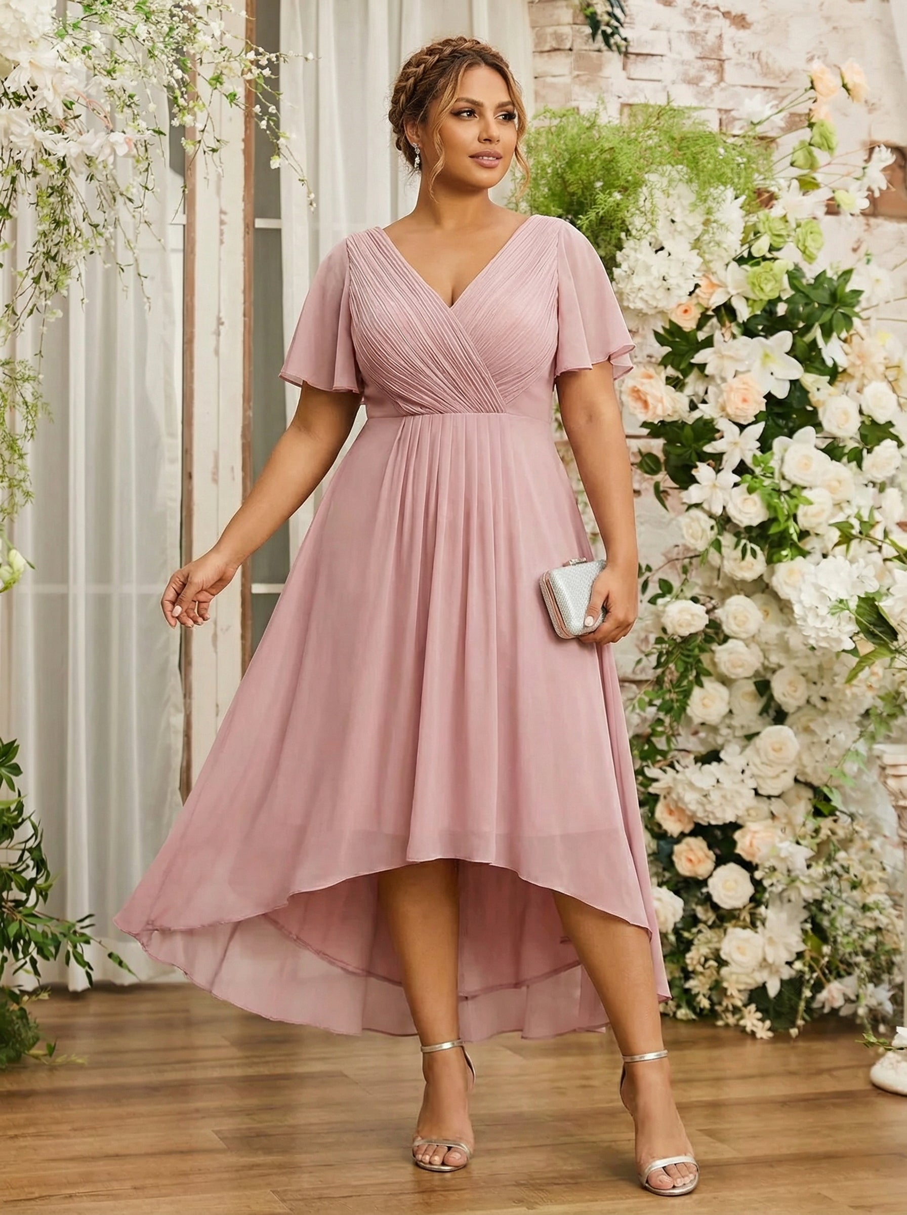 Plus Size Pleated Midi Ruffles Sleeve Chiffon Bridesmaid Dress #color_Dusty Rose