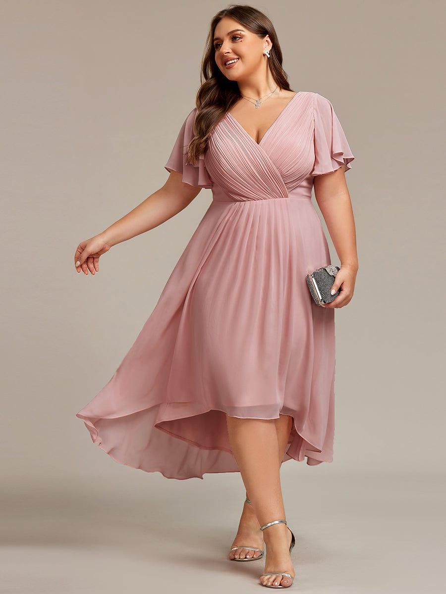 Plus Size V-Neck Pleated Chiffon Midi Wedding Guest Dress #color_Dusty Rose