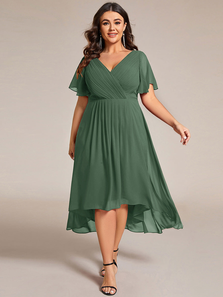 Plus Size V-Neck Chiffon Midi Ruffles Sleeve Wedding Guest Dress