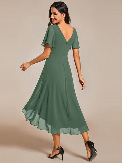Elegant V-Neck Flowy High-Low Short Sleeve Wedding Guest Dress #color_Eucalyptus