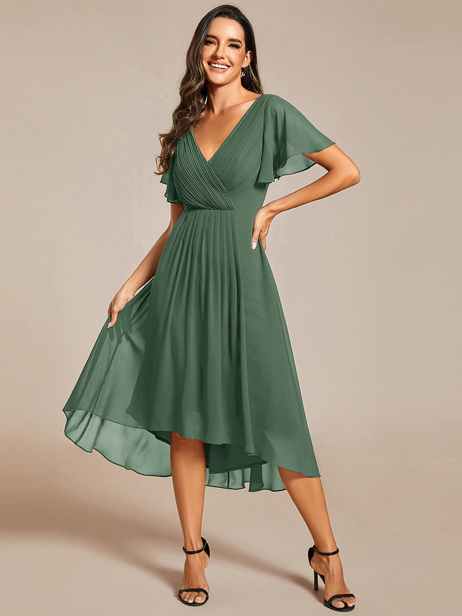 Plus Size V-Neck Chiffon Midi Ruffles Sleeve Wedding Guest Dress