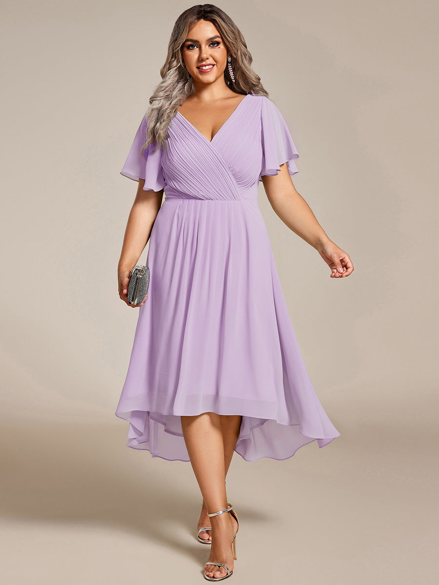 Plus Size V-Neck Pleated Chiffon Midi Wedding Guest Dress #color_Frosted Lilac