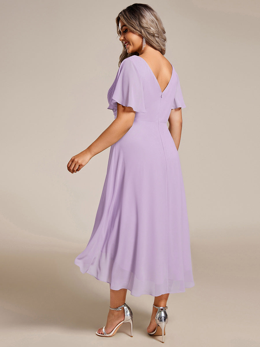 Plus Size V-Neck Pleated Chiffon Midi Wedding Guest Dress #color_Frosted Lilac