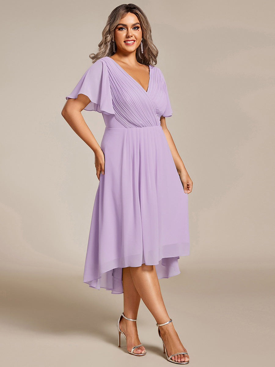 Plus Size V-Neck Pleated Chiffon Midi Wedding Guest Dress #color_Frosted Lilac