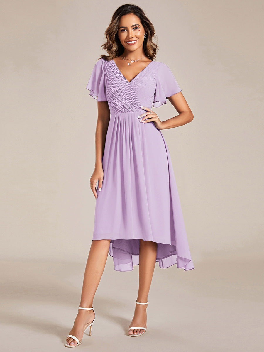 Plus Size V-Neck Pleated Chiffon Midi Wedding Guest Dress #color_Frosted Lilac