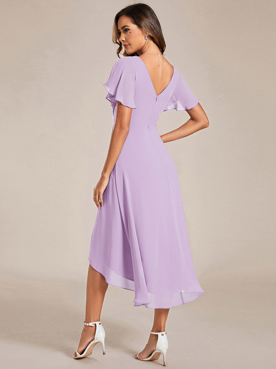 Plus Size V-Neck Pleated Chiffon Midi Wedding Guest Dress #color_Frosted Lilac