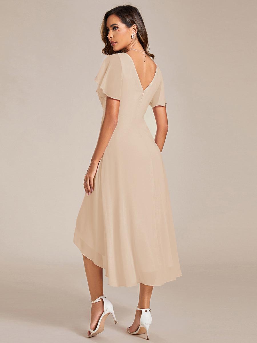 Chic V Neck High-Low Short Sleeve Wedding Guest Dress #color_Gold