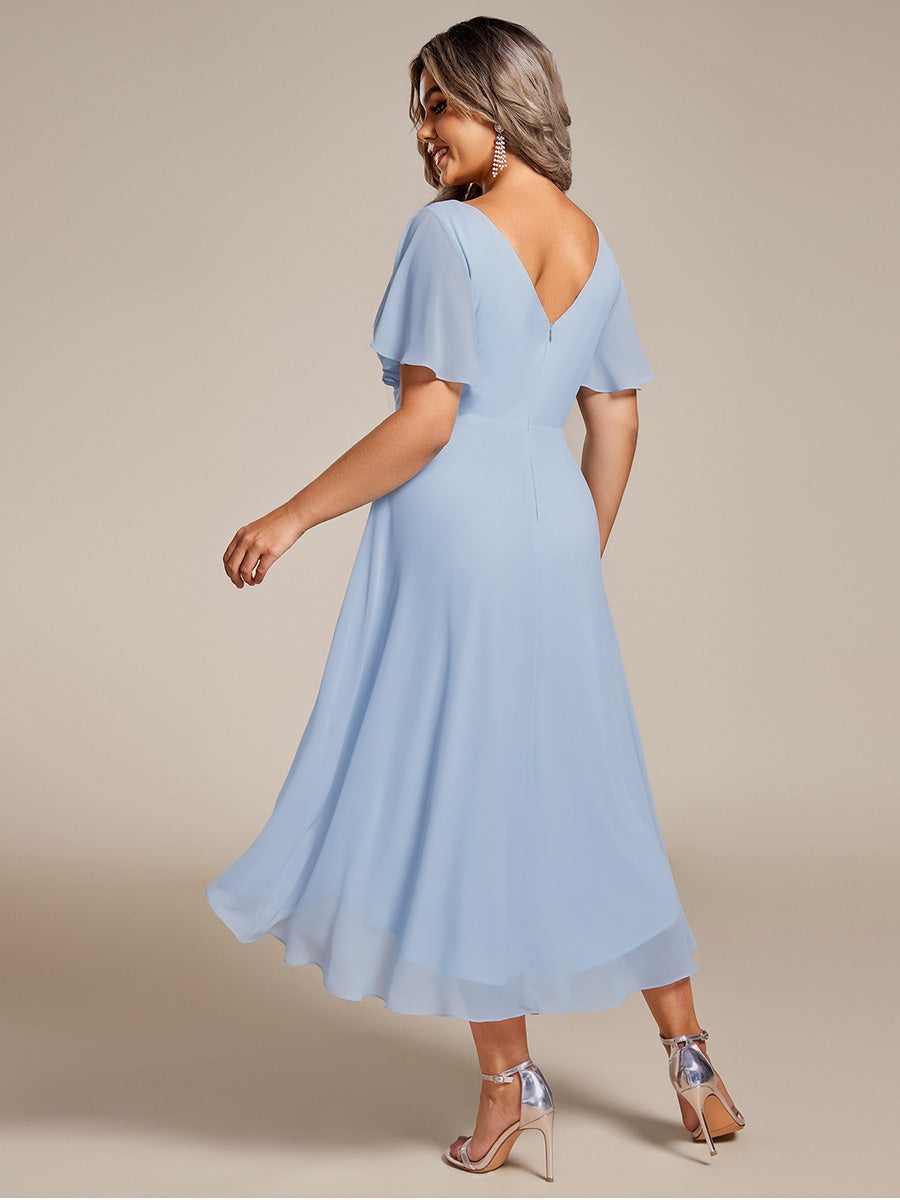 Plus Size V-Neck Pleated Chiffon Midi Wedding Guest Dress #color_Ice Blue