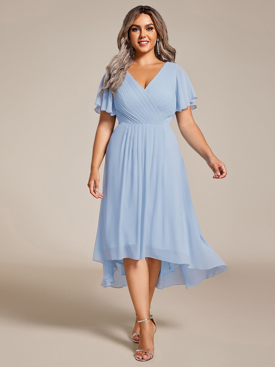 Plus Size V-Neck Pleated Chiffon Midi Wedding Guest Dress #color_Ice Blue