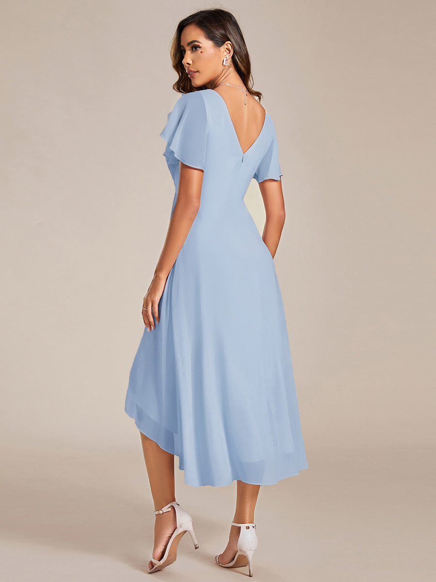 Plus Size V-Neck Pleated Chiffon Midi Wedding Guest Dress #color_Ice Blue