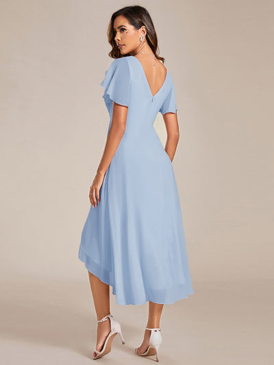 Elegant V-Neck Flowy High-Low Short Sleeve Wedding Guest Dress #color_Ice Blue
