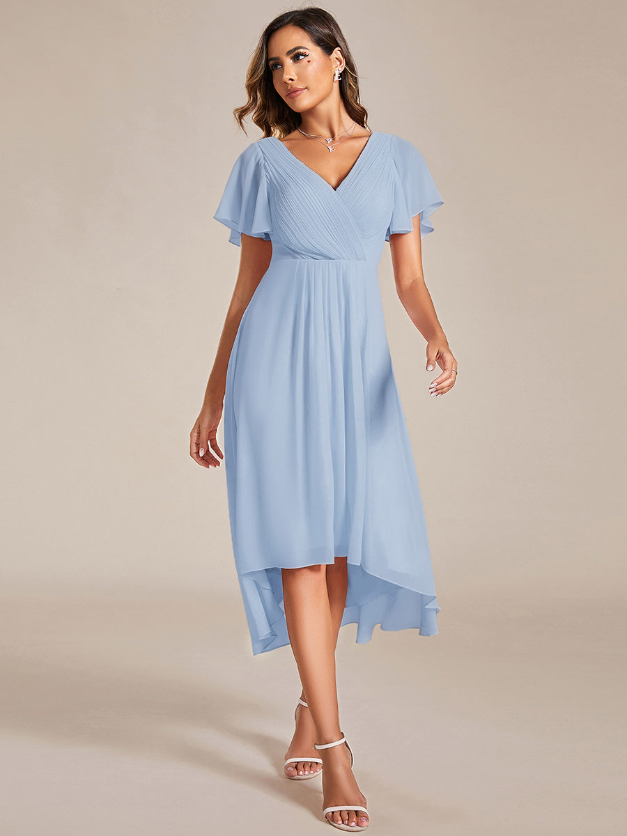 Plus Size V-Neck Pleated Chiffon Midi Wedding Guest Dress #color_Ice Blue