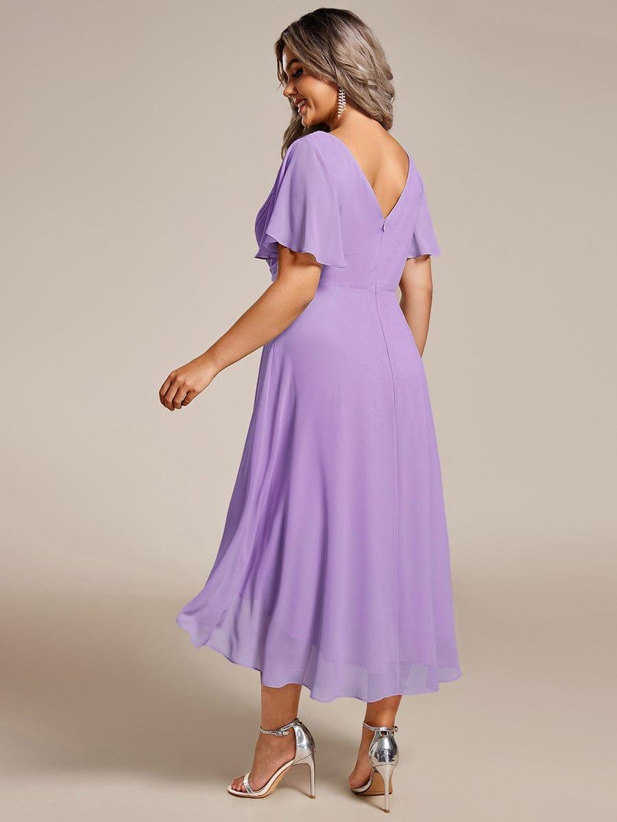 Plus Size Double V-Neck Ruffles Sleeve Chiffon Midi Wedding Guest Dress #color_Lavender