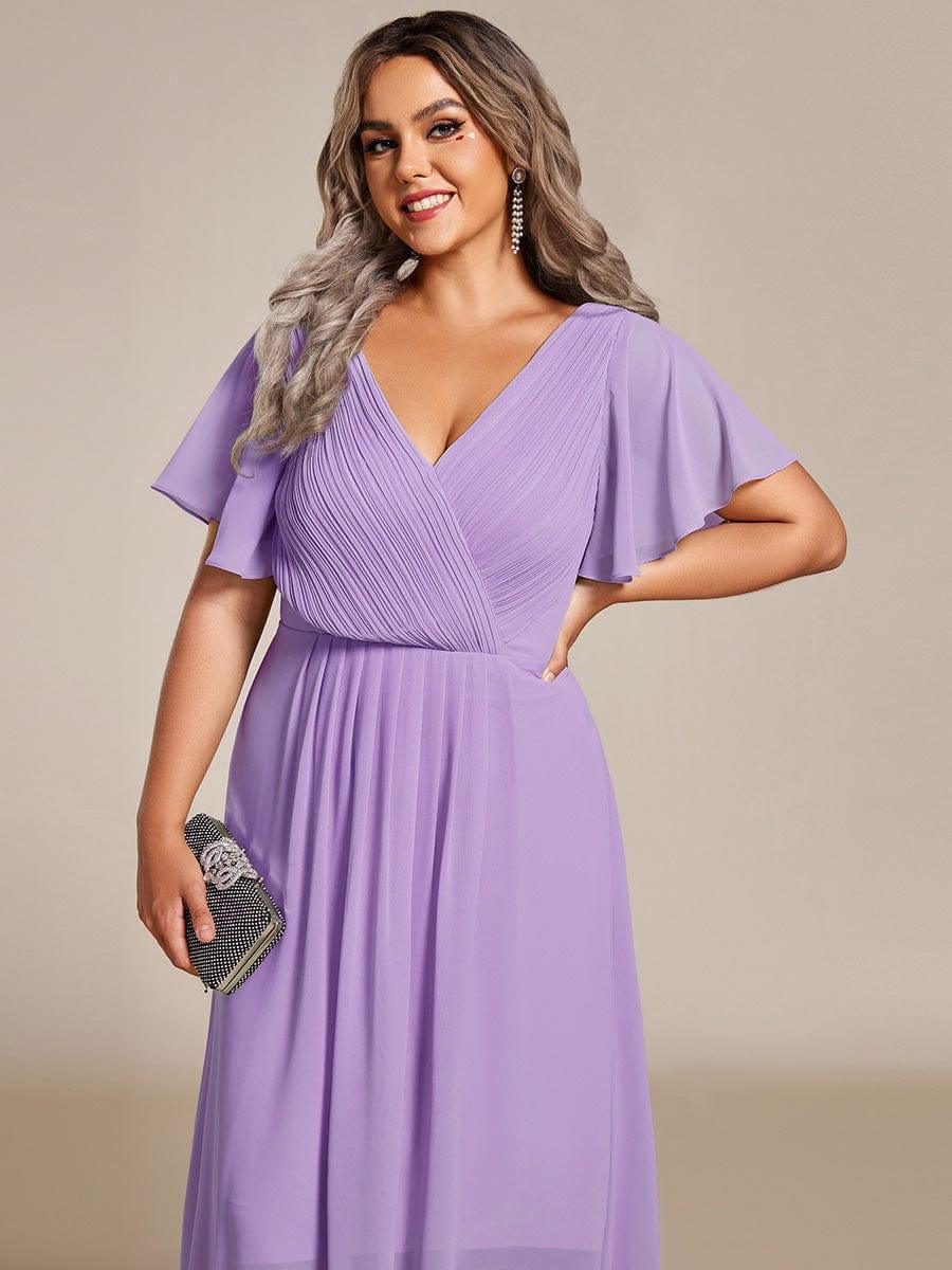 Plus Size Double V-Neck Ruffles Sleeve Chiffon Midi Wedding Guest Dress #color_Lavender