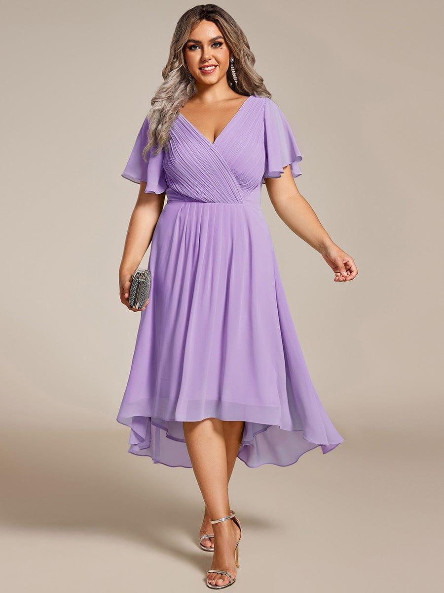 Plus Size Double V-Neck Ruffles Sleeve Chiffon Midi Wedding Guest Dress #color_Lavender
