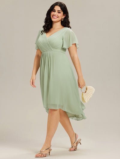 Plus Size Double V-Neck Ruffles Sleeve Chiffon Midi Wedding Guest Dress #color_Mint Green