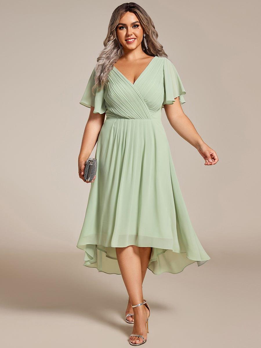 Plus Size Double V-Neck Ruffles Sleeve Chiffon Midi Wedding Guest Dress #color_Mint Green