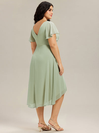 Plus Size Double V-Neck Ruffles Sleeve Chiffon Midi Wedding Guest Dress #color_Mint Green