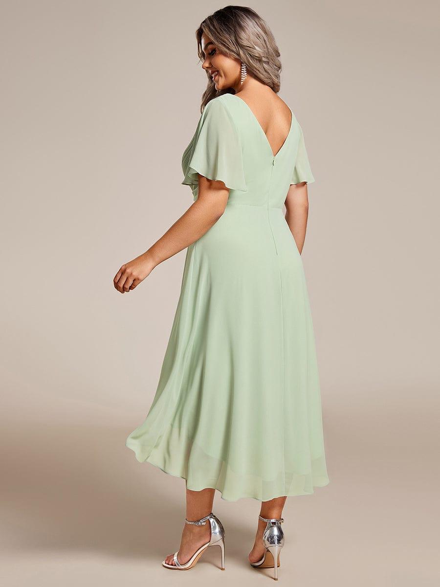 Plus Size Double V-Neck Ruffles Sleeve Chiffon Midi Wedding Guest Dress #color_Mint Green