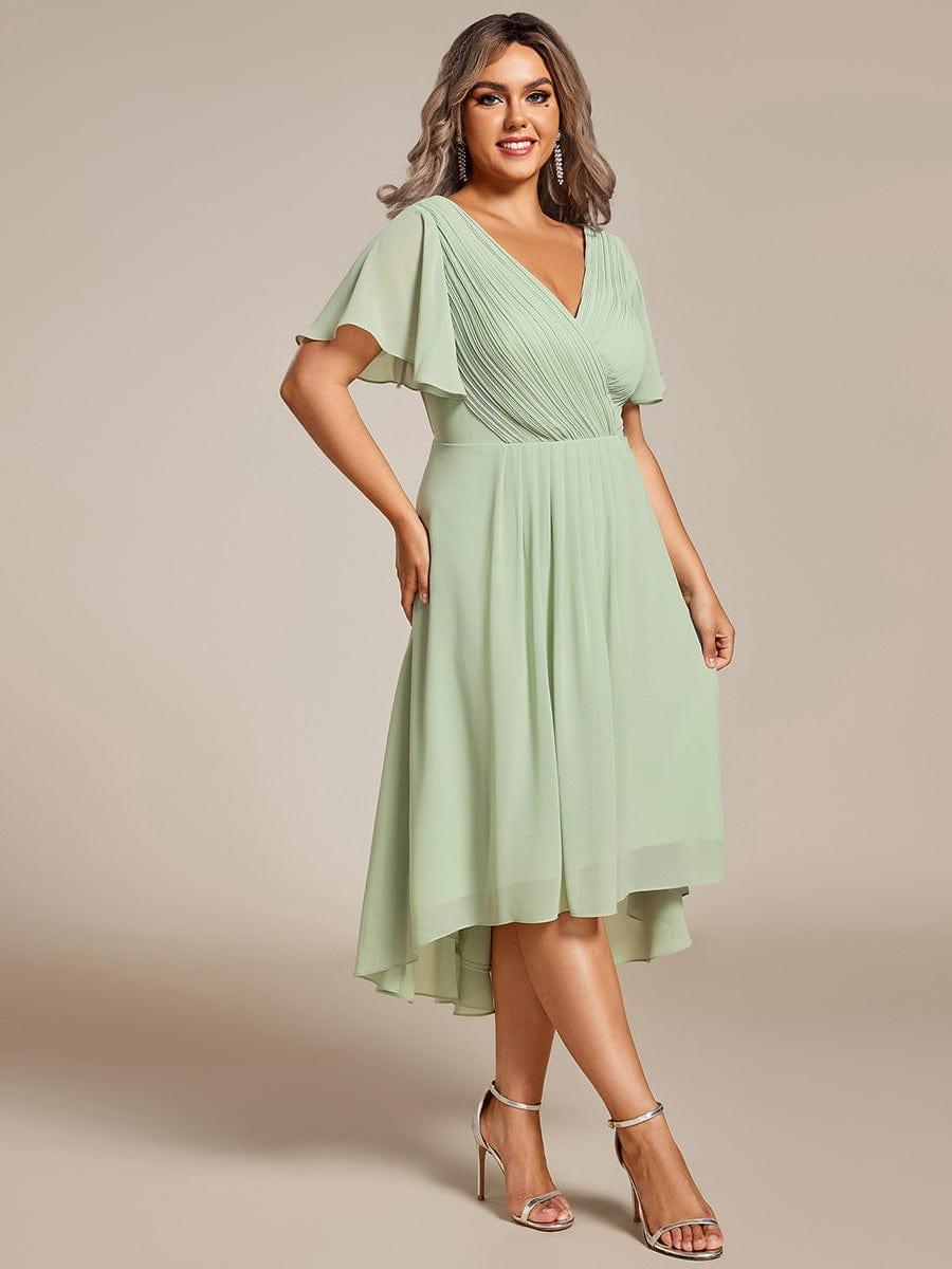 Plus Size Double V-Neck Ruffles Sleeve Chiffon Midi Wedding Guest Dress #color_Mint Green