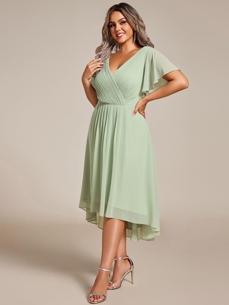 Plus Size Double V-Neck Ruffles Sleeve Chiffon Midi Wedding Guest Dress #color_Mint Green