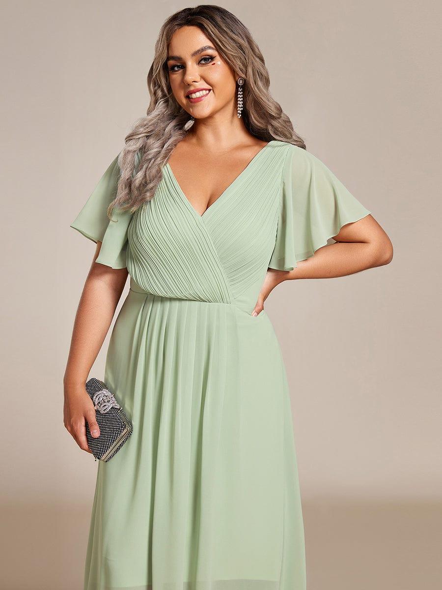 Plus Size Double V-Neck Ruffles Sleeve Chiffon Midi Wedding Guest Dress #color_Mint Green