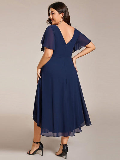 Plus Size Pleated Midi Ruffles Sleeve Chiffon Bridesmaid Dress #color_Navy Blue