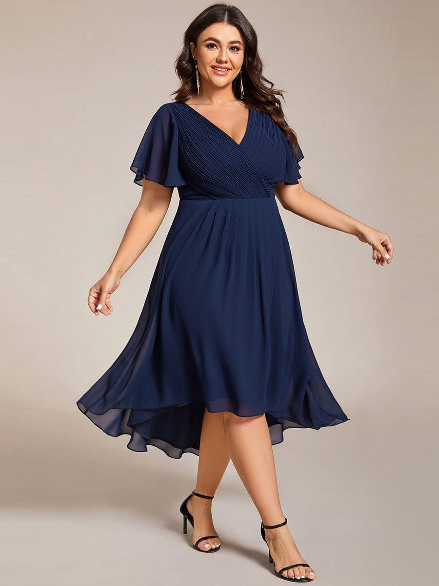 Plus Size Double V-Neck Ruffles Sleeve Chiffon Midi Wedding Guest Dress #color_Navy Blue