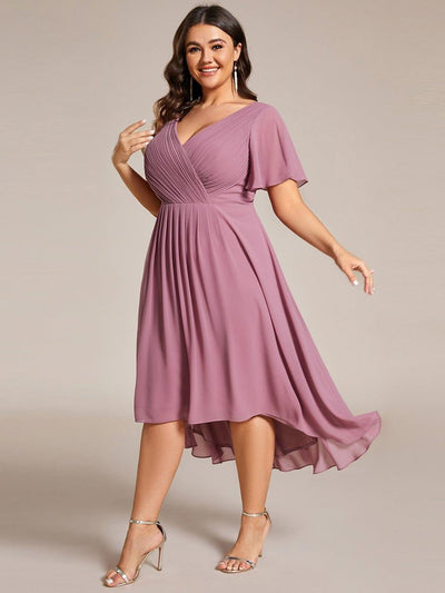 Plus Size Double V-Neck Ruffles Sleeve Chiffon Midi Wedding Guest Dress #color_Purple Orchid