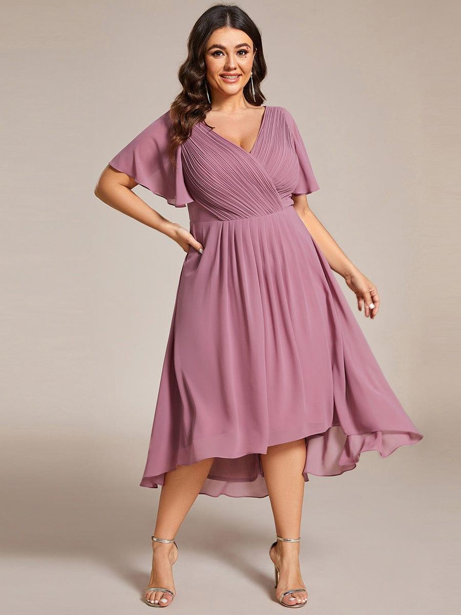 Plus Size Double V-Neck Ruffles Sleeve Chiffon Midi Wedding Guest Dress #color_Purple Orchid