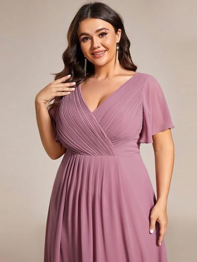 Plus Size Double V-Neck Ruffles Sleeve Chiffon Midi Wedding Guest Dress #color_Purple Orchid