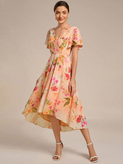 Elegant V-Neck Flowy High-Low Short Sleeve Wedding Guest Dress #color_Peach Fuzz
