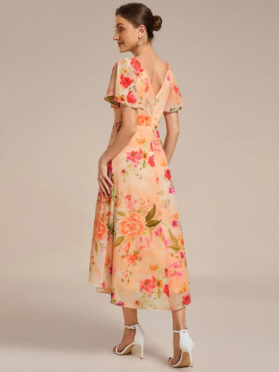 Elegant V-Neck Flowy High-Low Short Sleeve Wedding Guest Dress #color_Peach Fuzz