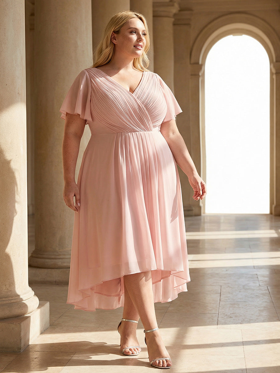 Plus Size Double V-Neck Ruffles Sleeve Chiffon Midi Wedding Guest Dress #color_Pink