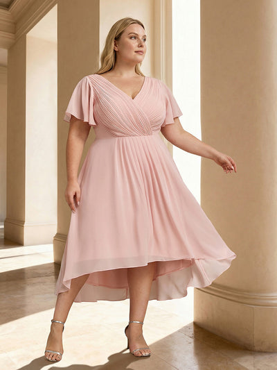 Plus Size Double V-Neck Ruffles Sleeve Chiffon Midi Wedding Guest Dress #color_Pink