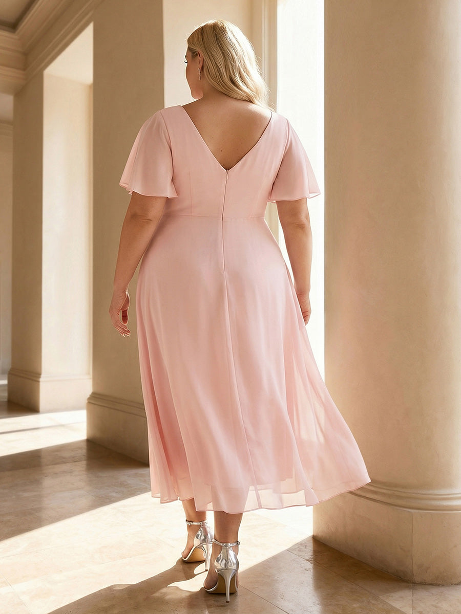 Plus Size Double V-Neck Ruffles Sleeve Chiffon Midi Wedding Guest Dress #color_Pink