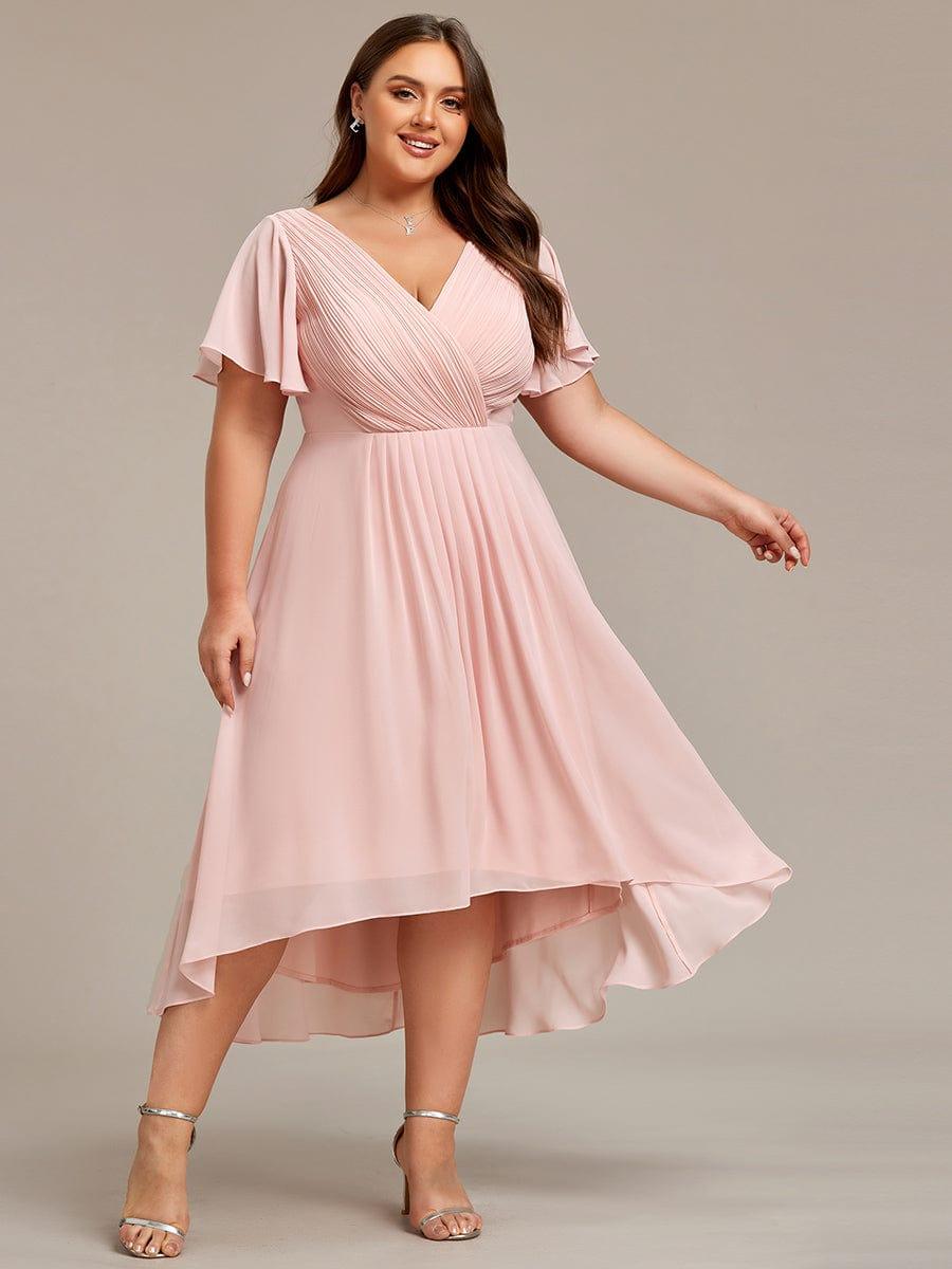 Plus Size Double V-Neck Ruffles Sleeve Chiffon Midi Wedding Guest Dress #color_Pink