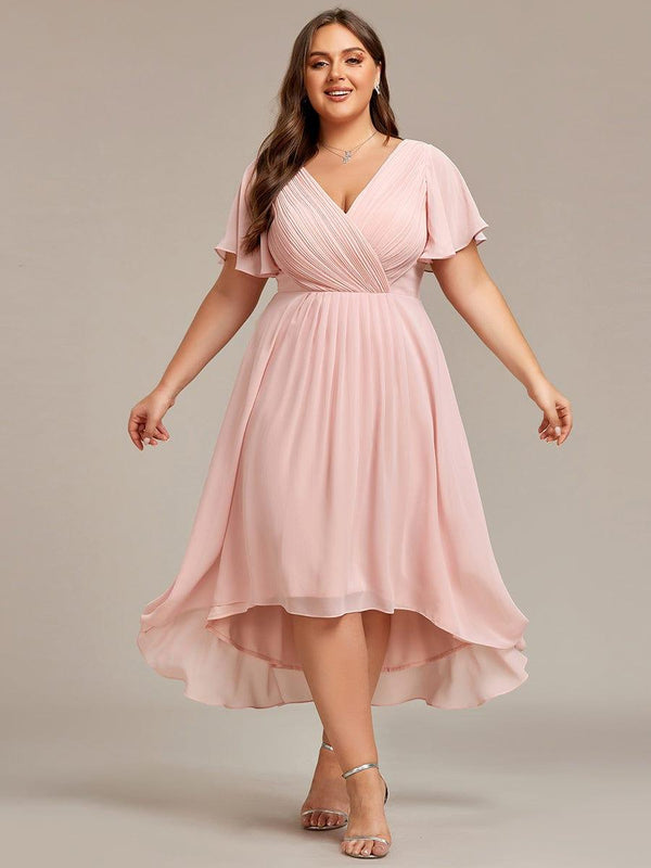pretty FAYE|Plus Size Double V-Neck Ruffles Sleeve Chiffon Midi Wedding Guest Dress