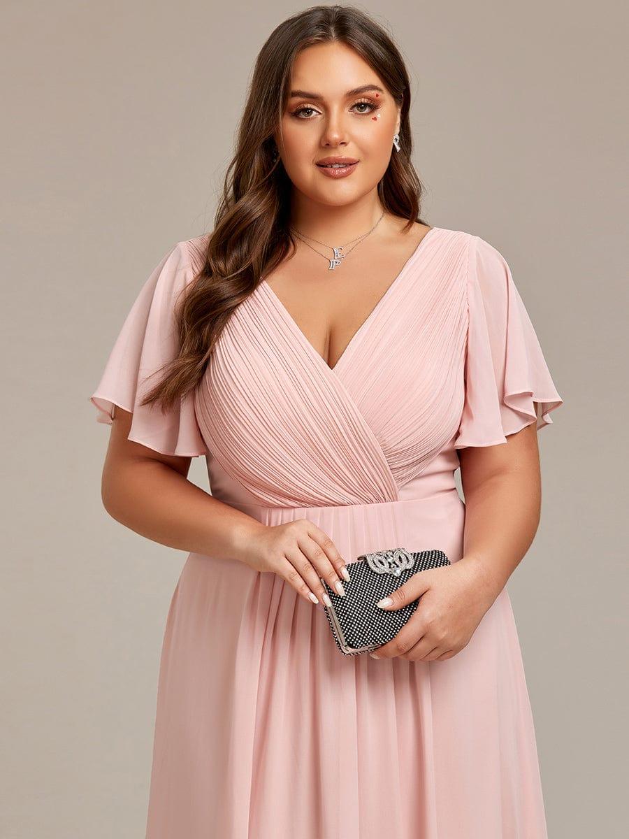 Plus Size Double V-Neck Ruffles Sleeve Chiffon Midi Wedding Guest Dress #color_Pink
