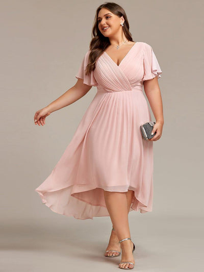 Plus Size V-Neck Pleated Chiffon Midi Wedding Guest Dress #color_Pink