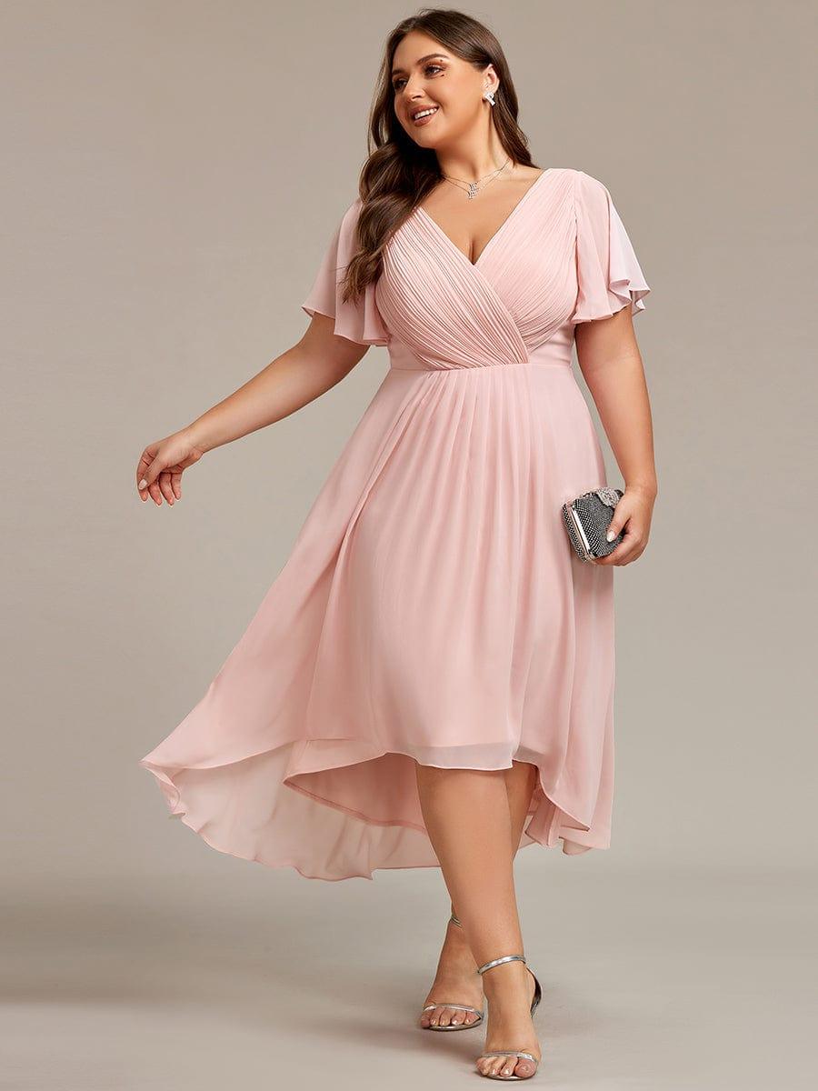Plus Size Double V-Neck Ruffles Sleeve Chiffon Midi Wedding Guest Dress #color_Pink
