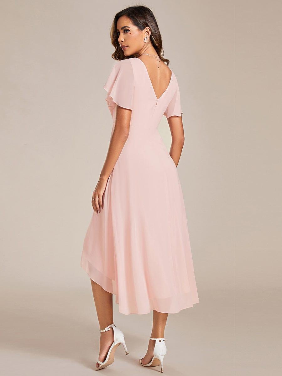 Pleated Asymmetrical Hem Ruffles Sleeve Chiffon Bridesmaid Dress #color_Pink