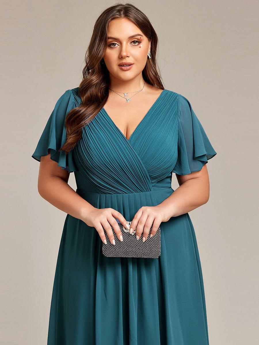 Plus Size Double V-Neck Ruffles Sleeve Chiffon Midi Wedding Guest Dress #color_Teal