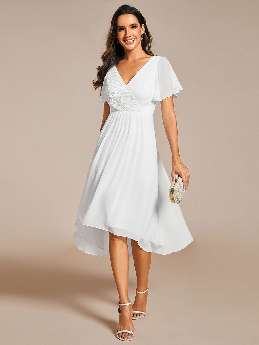 Custom Size Chic V Neck Asymmetrical Hem Ruffles Sleeve Pleated Chiffon Wedding Guest Dress