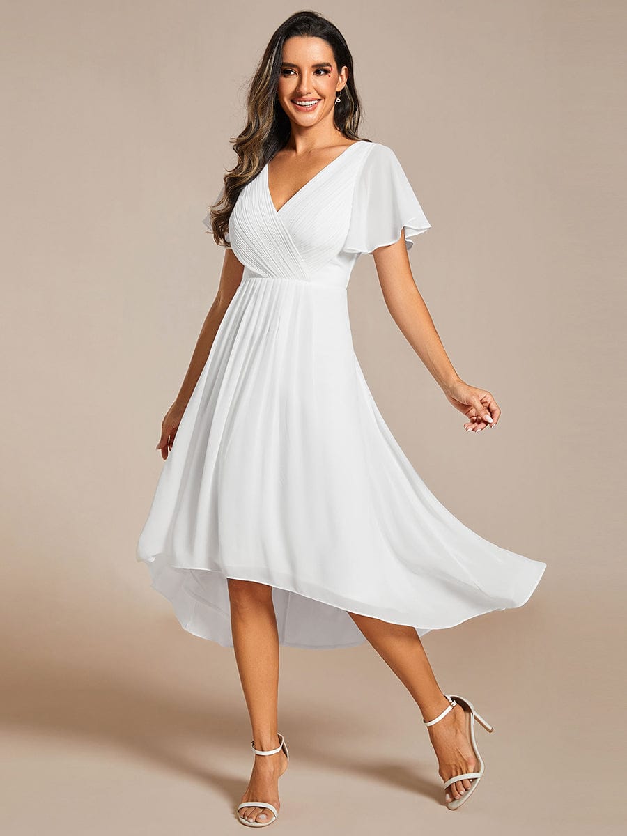 Custom Size Chic V Neck Asymmetrical Hem Ruffles Sleeve Pleated Chiffon Wedding Guest Dress